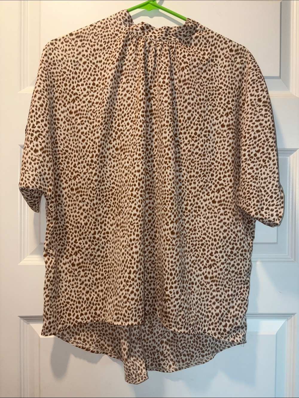 Beige and Brown Leopard Print Short Sleeve Blouse - Hi low and Hi neck